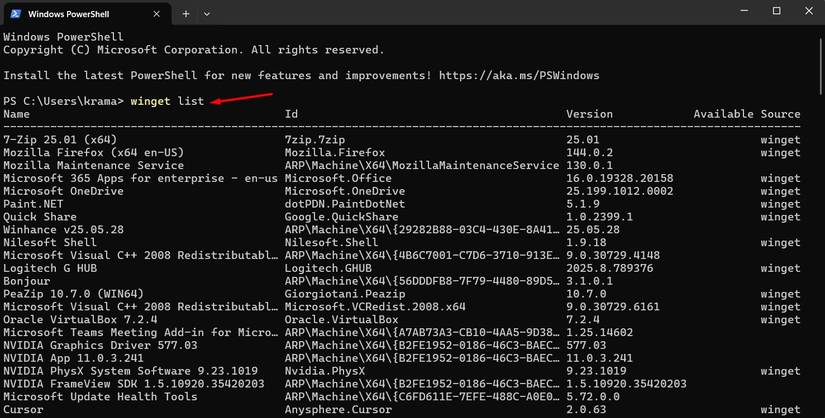 winget list command in terminal.