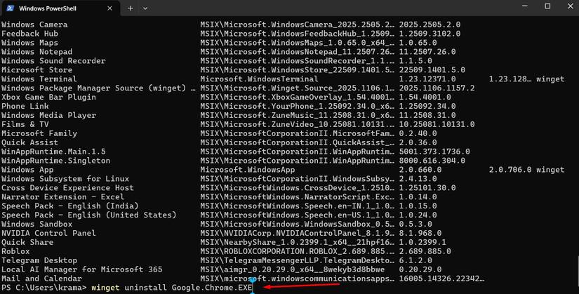 winget uninstall command in terminal.