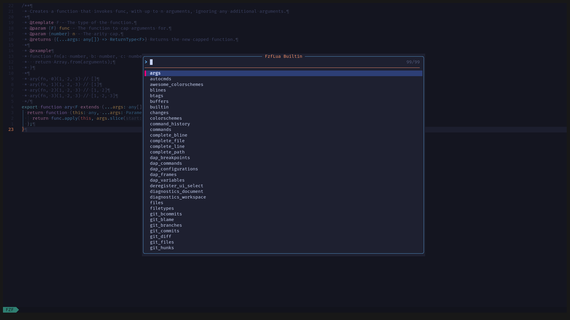 Within a Neovim window, a smaller sub-window appears. It displays a list of search functions.