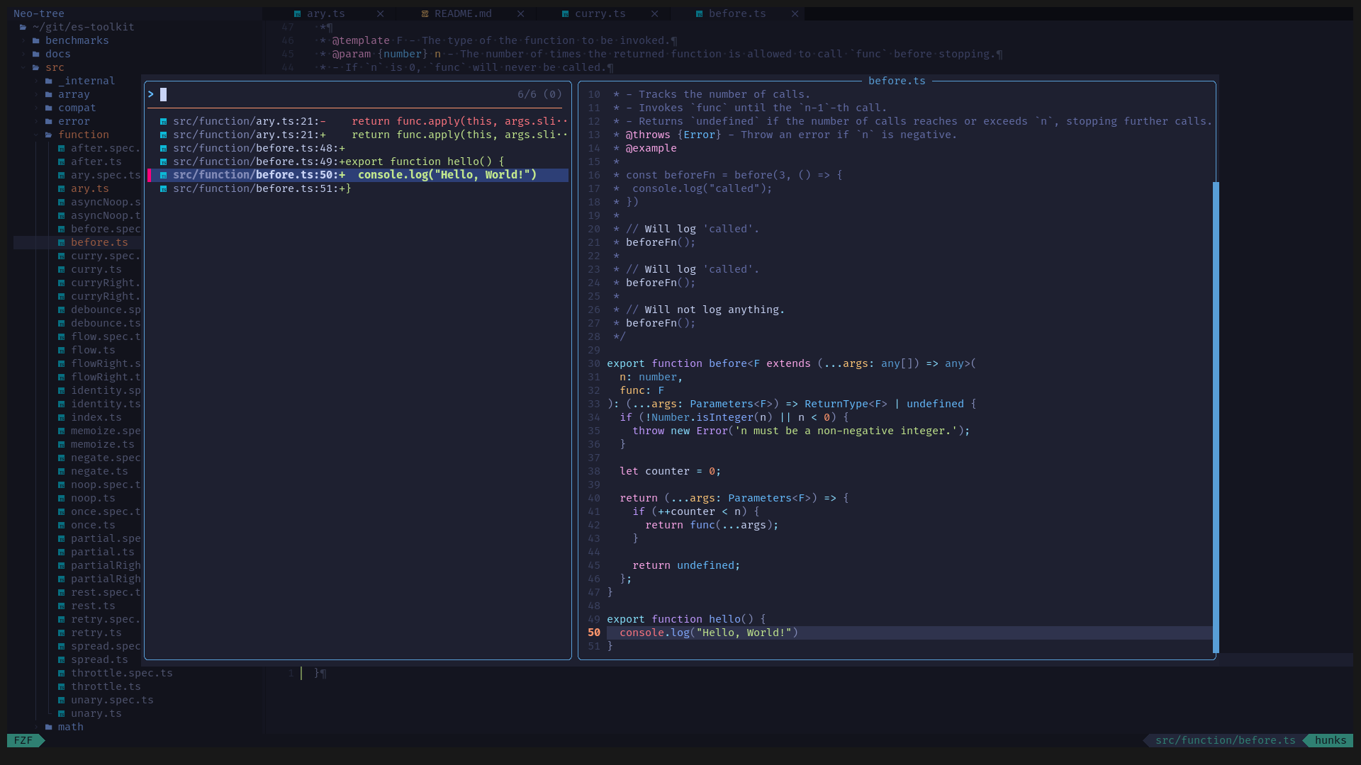 Within a Neovim window, a smaller sub-window appears, split vertically into two sections. The smaller window displays the results from a Git hunk search. A list of hunks appears on the left. The relevant changed code appears on the right.