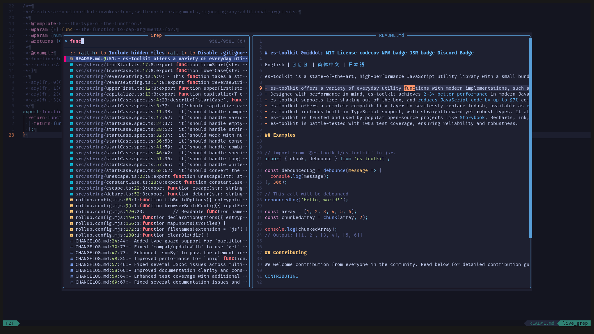 Within a Neovim window, a smaller sub-window appears, split vertically into two sections. The smaller window displays the results from a ripgrep search. A list of relevant search results appears on the left. The matched strings appearon the right.