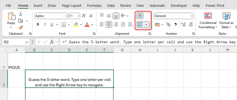 Wrap Text and Merge And Center are applied to cells B2 to F2 in Excel.