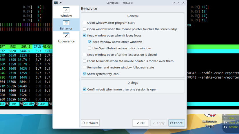 Caixa de diálogo de configuração do Yakuake.