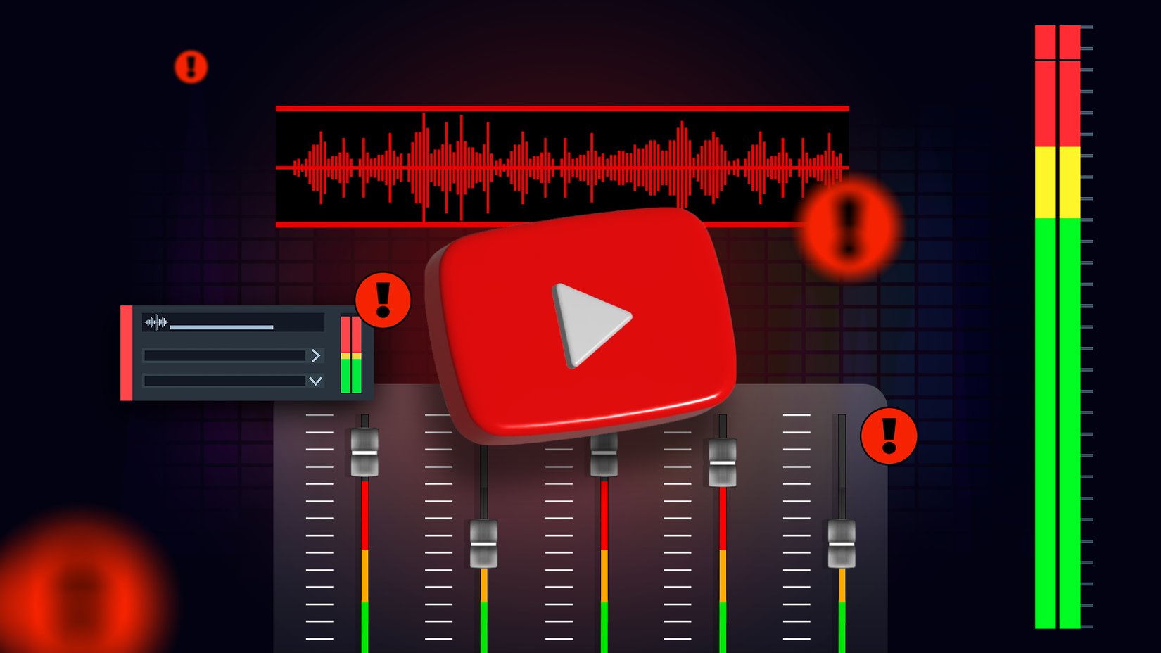 YouTube logo placed over an audio mixing board with red warning icons, distorted waveforms, and volume meters peaking into the red.