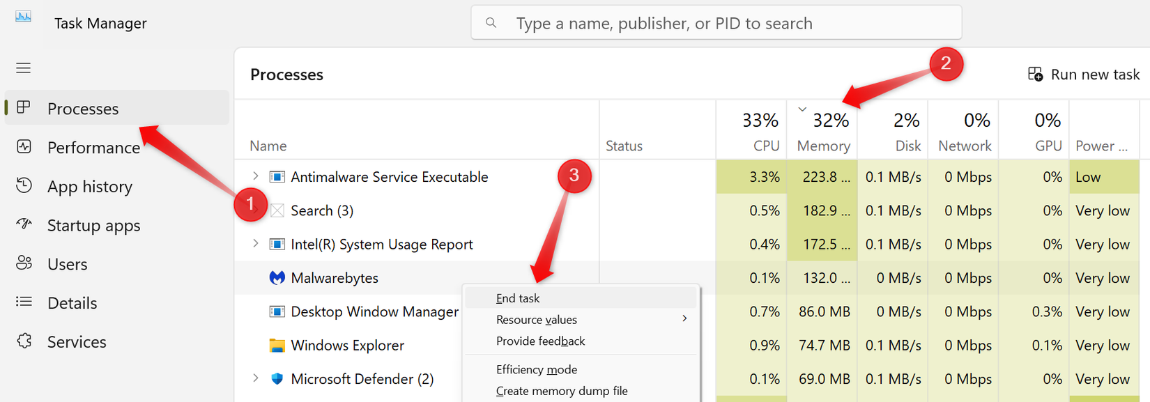 Stopping the MalwareBytes software using the Task Manager.