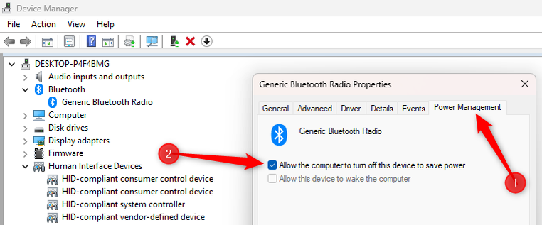 Ajustando as configurações de gerenciamento de energia de um driver Bluetooth no Gerenciador de dispositivos do Windows.