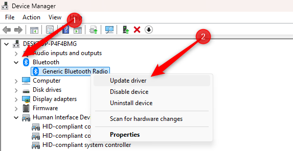 Atualizando o driver Bluetooth no Gerenciador de Dispositivos do Windows.