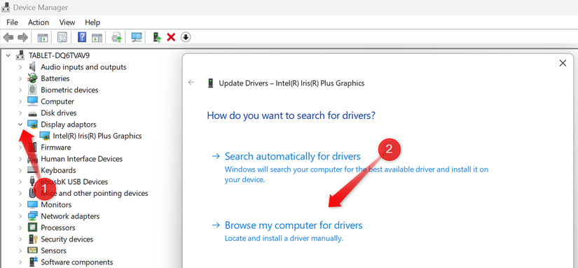 Atualizando o driver gráfico manualmente através do Gerenciador de Dispositivos.