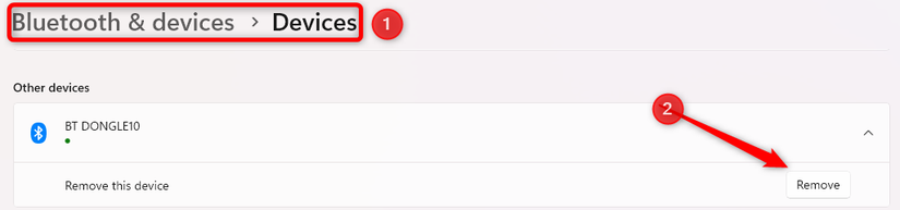 Removendo um dispositivo Bluetooth no aplicativo Configurações do Windows.