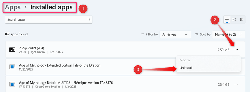 Desinstalando um aplicativo no aplicativo Configurações do Windows.