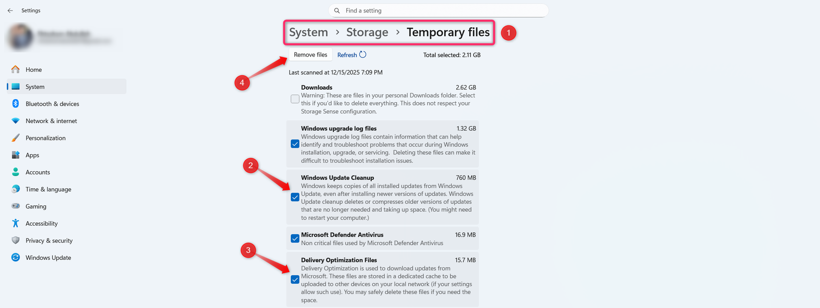 Removendo arquivos temporários no aplicativo Configurações do Windows.