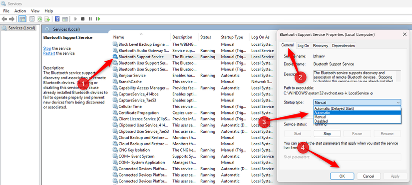 Definir o tipo de inicialização de um serviço como Automático no aplicativo Serviços do Windows.