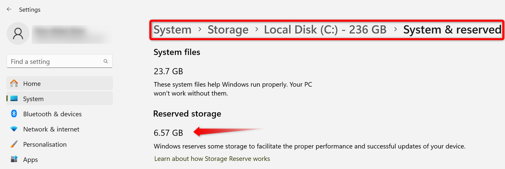 Windows features secretly eating up your storage: How to reclaim GBs now 2 Checking the storage space consumed by the reserved storage feature in Windows.