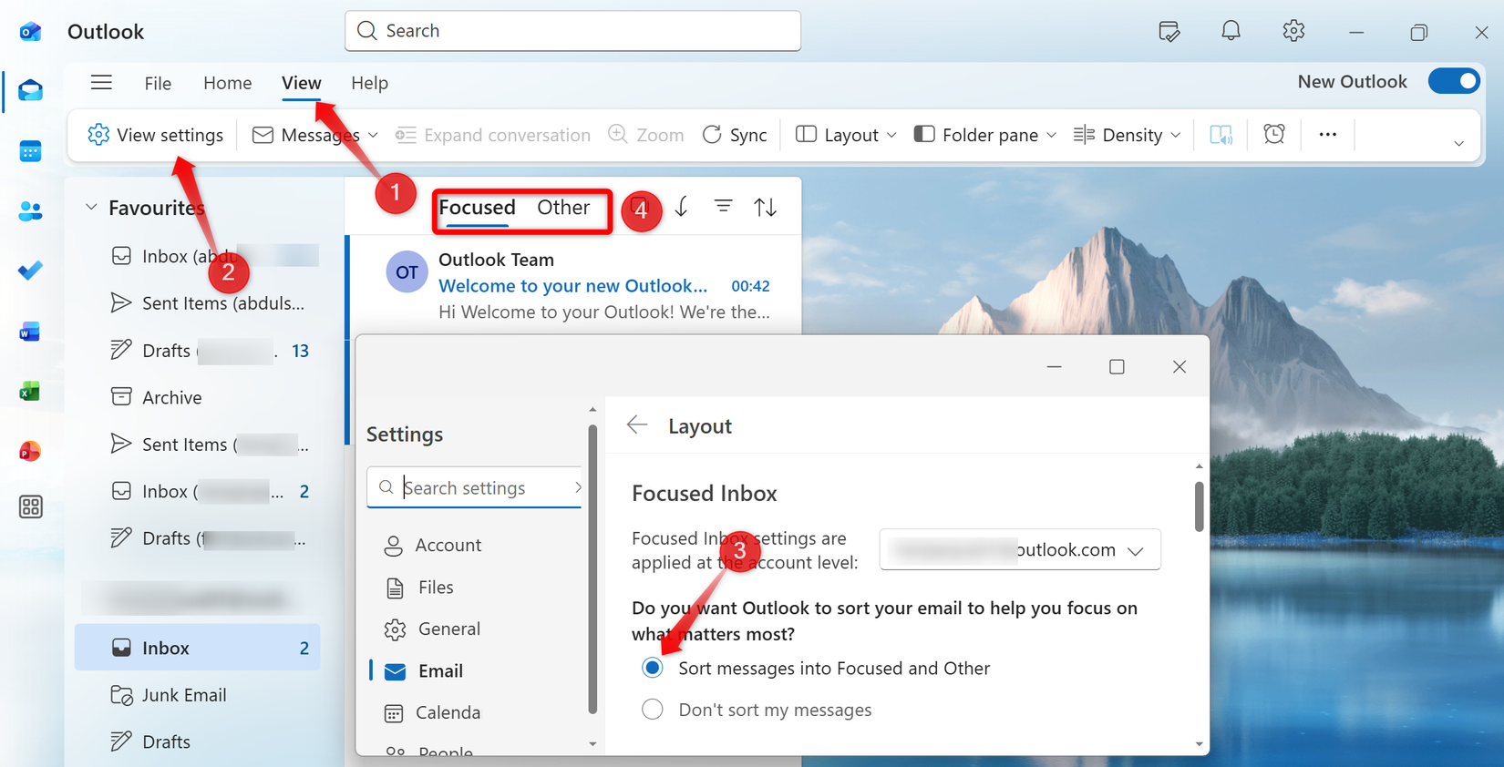 Turning on the Focused Inbox feature in the Outlook app.