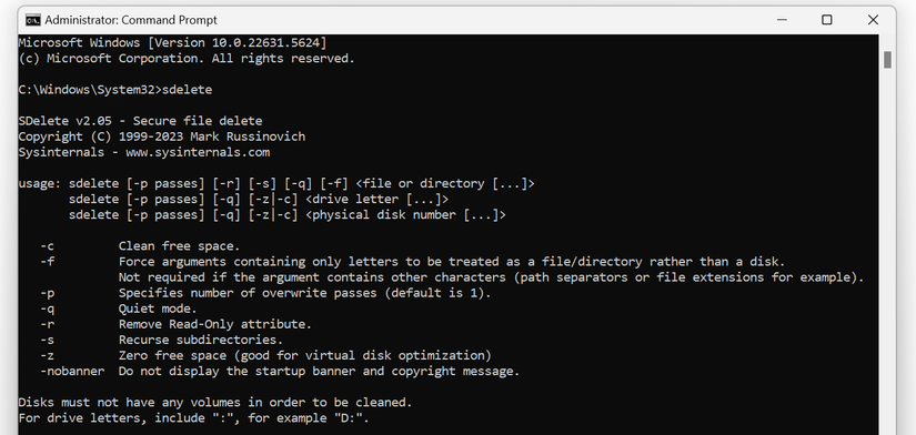 Command Prompt showing the sDelete parameters and their action.