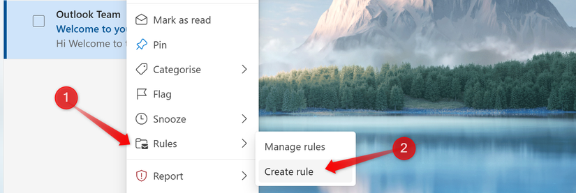Creating a rule in the Outlook app.