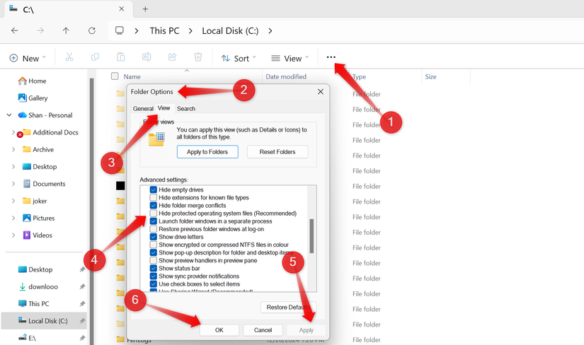 Unhiding protected system files from the Folder Options window.