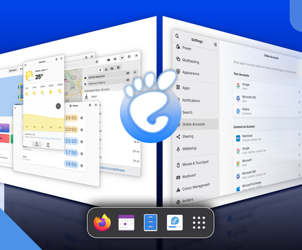 3D GNOME desktop showing a rotating cube workspace with multiple app windows and the GNOME logo, highlighting retro Linux visual effects.