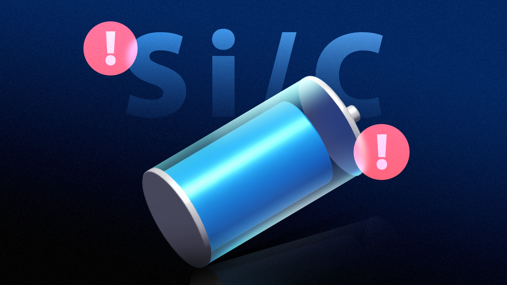 3D иллюстрация голубой батареи и надписи SiC с двумя красными иконками предупреждений.