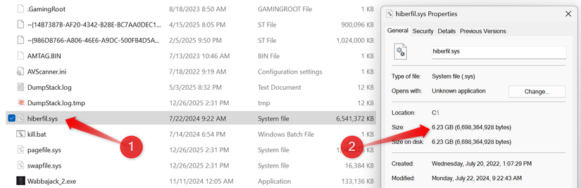 Checking the size of the hiberfil.sys file in the C drive on Windows.