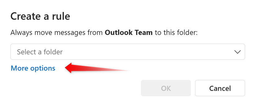 Opening the advanced options to fine-tune a rule in Outlook.