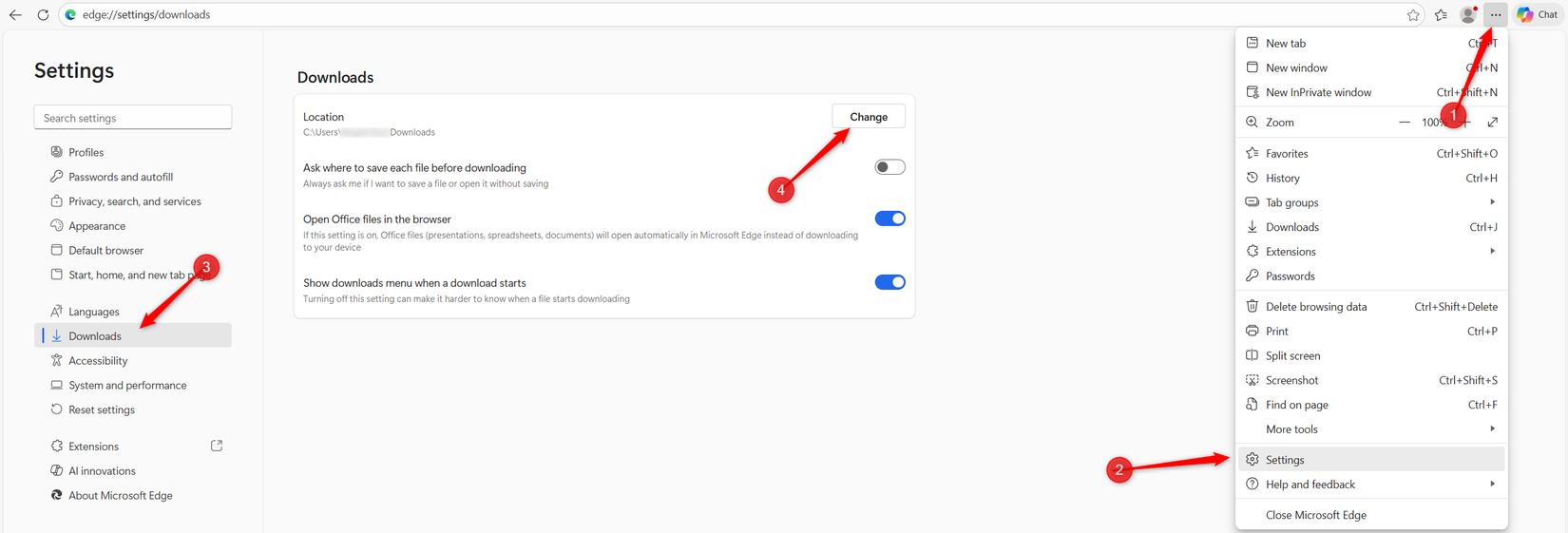 Changing the download location in the Edge browser settings.