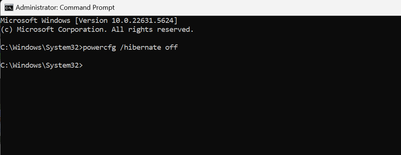 Disabling the hibernate feature through Command Prompt.
