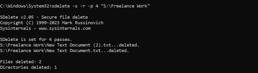 Using the sDelete file with four passes on the command line.
