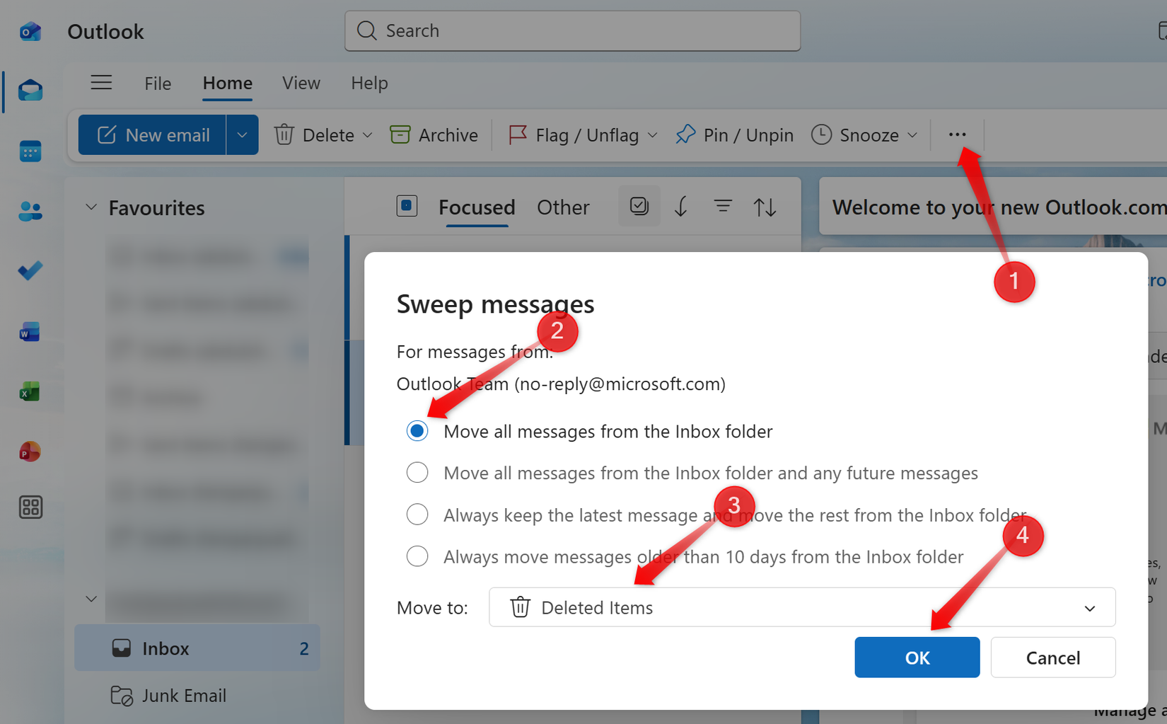 Using the sweep tool in the Outlook app.