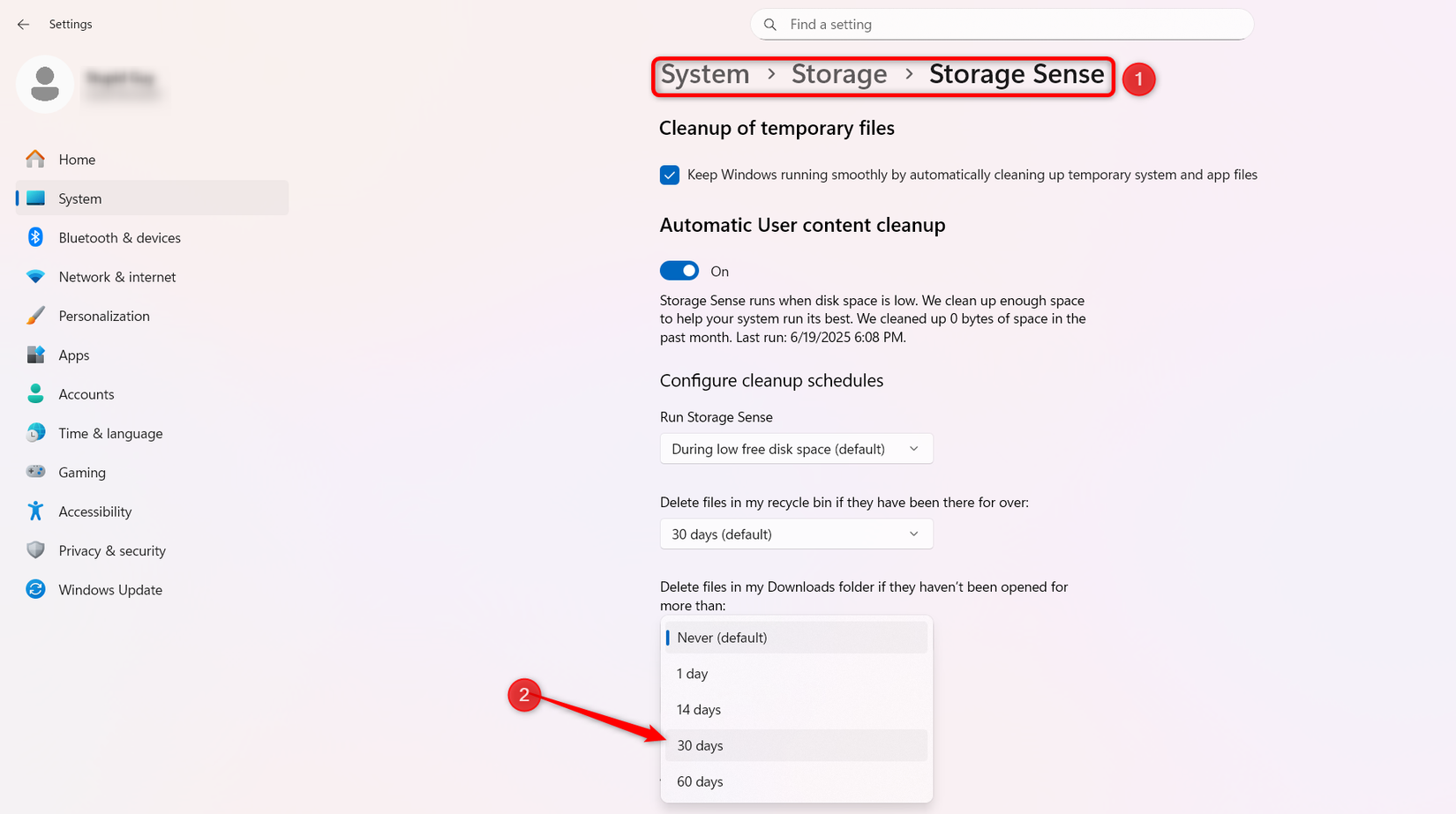 Changing the cleanup duration of the downloads folder in the Storage Sense settings on Windows.