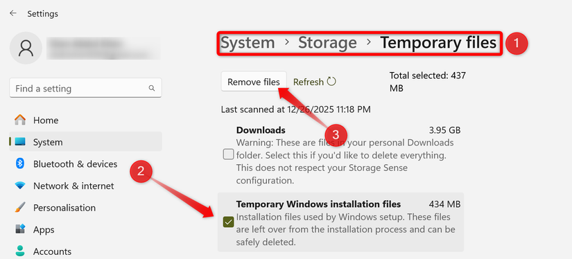 Windows features secretly eating up your storage: How to reclaim GBs now 8 Deleting temporary Windows installation files in the storage settings on Windows.