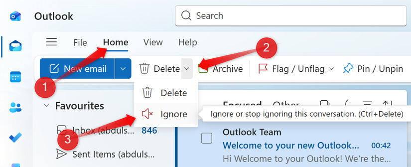 Using the Ignore feature in the Outlook app.