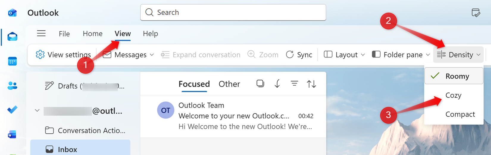 Changing the density in the Outlook app.