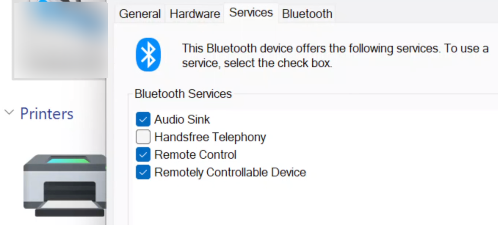 Desativando o serviço de telefonia viva-voz nas propriedades do dispositivo Bluetooth.