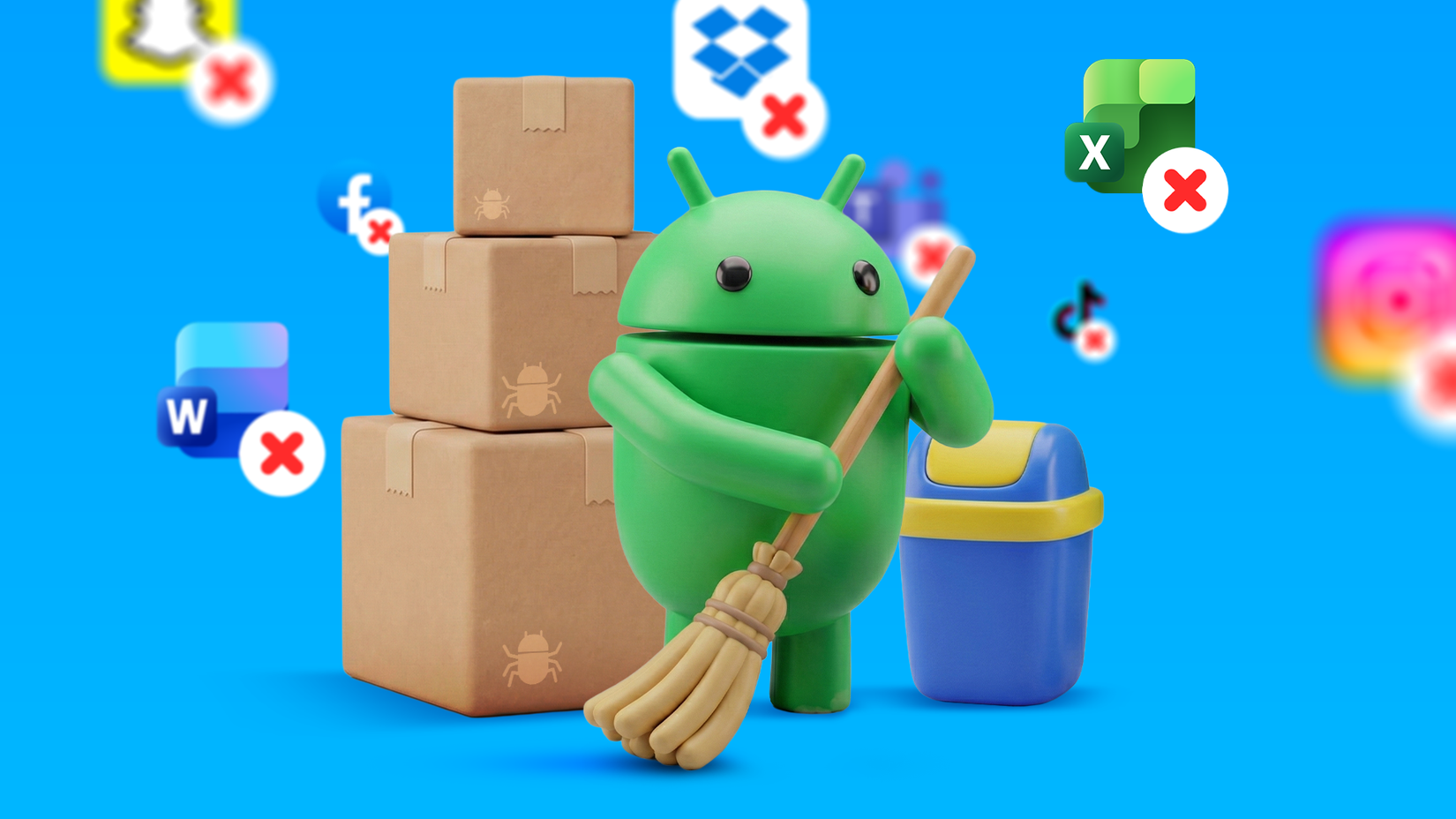 Una ilustración en 3D de la mascota de Android sosteniendo una escoba, parada junto a cajas y un bote de basura, rodeada de íconos de aplicaciones con marcas de cruces rojas.