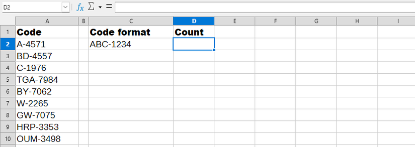 A Calc spreadsheet with codes in column A and the ABC-1234 count format in column C.