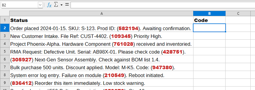 A Calc spreadsheet with disorganized text values in column A, each containing a six-figure code in red.
