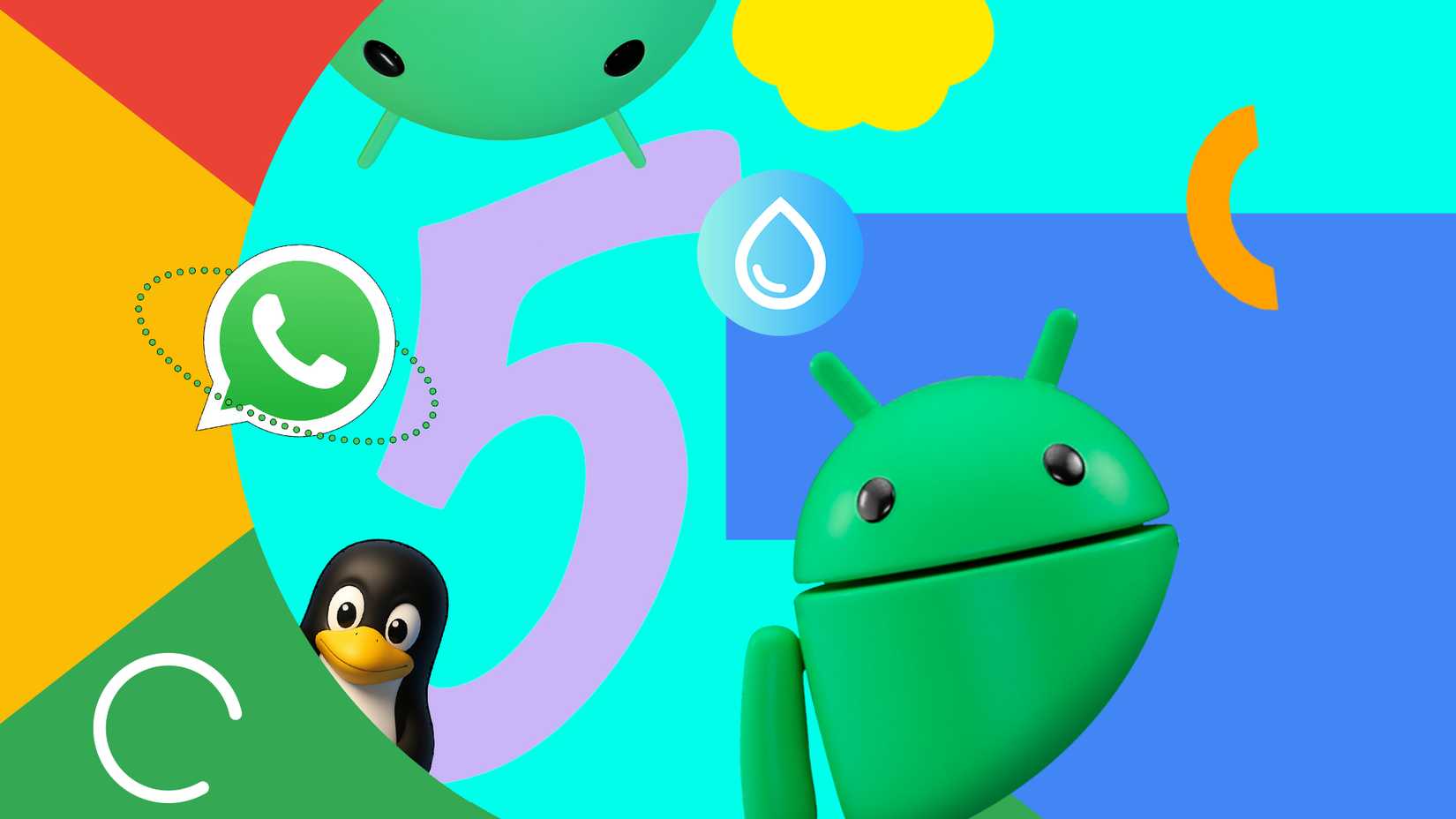 Colorful illustration showing the Android mascot surrounded by the WhatsApp logo with satellite dots, a Linux penguin, a waterproof drop, and the expressive Material 3 design number