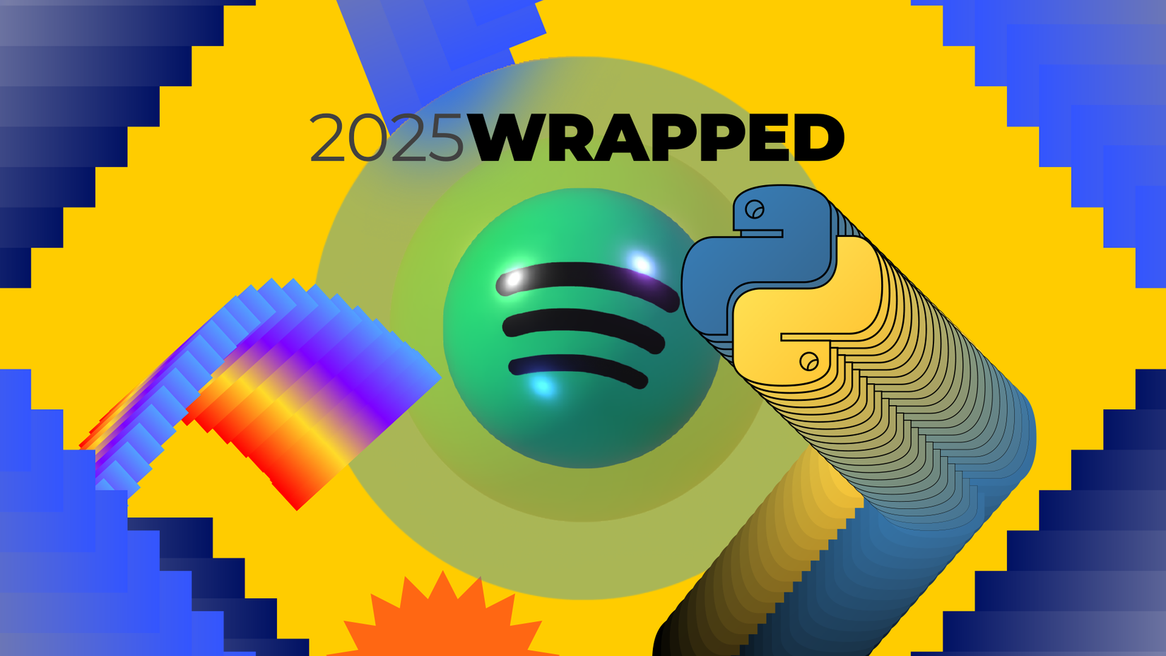 A colorful Spotify Wrapped graphic featuring the Spotify logo in the center, the text '2025 Wrapped' above it, and a stylized Python logo on the right.