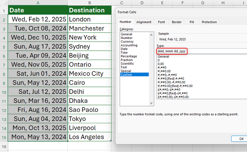 A custom date format entered into Excel's Format Cells dialog box to display day, month, day, and year.