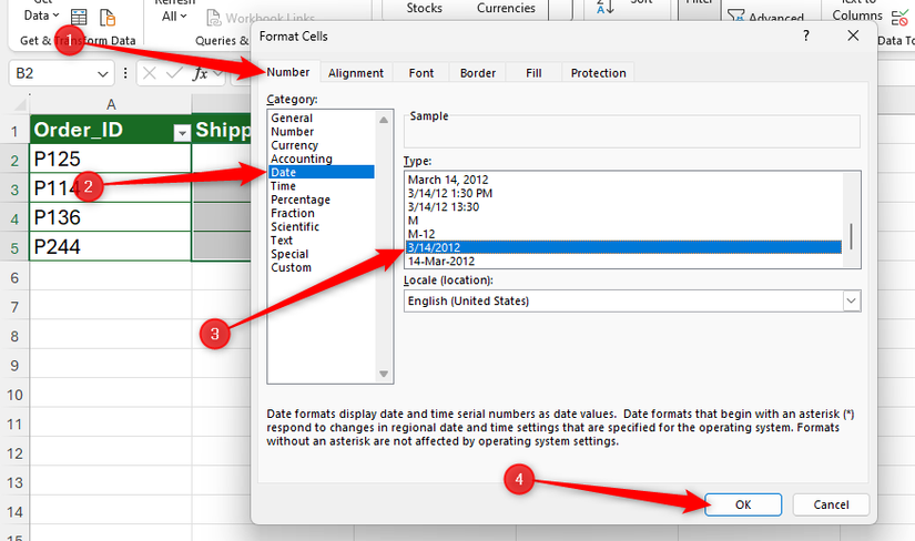 A date format is selected on the Number tab of Excel's Format Cells dialog box.