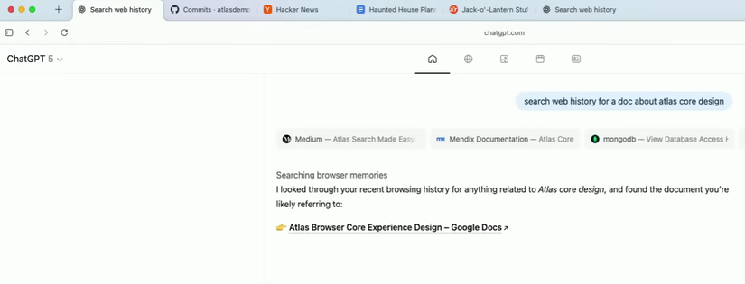 A demonstration of ChatGPT Altas's browser memories.