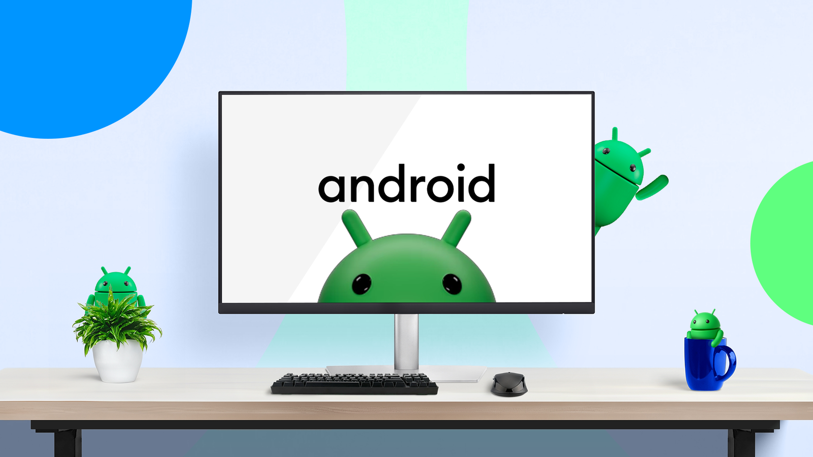 The desktop computer monitor displays the Android logo with the Android mascot peeking out from the bottom edge, while additional Android figurines sit on the desktop plant and in a mug in a colorful modern workspace.
