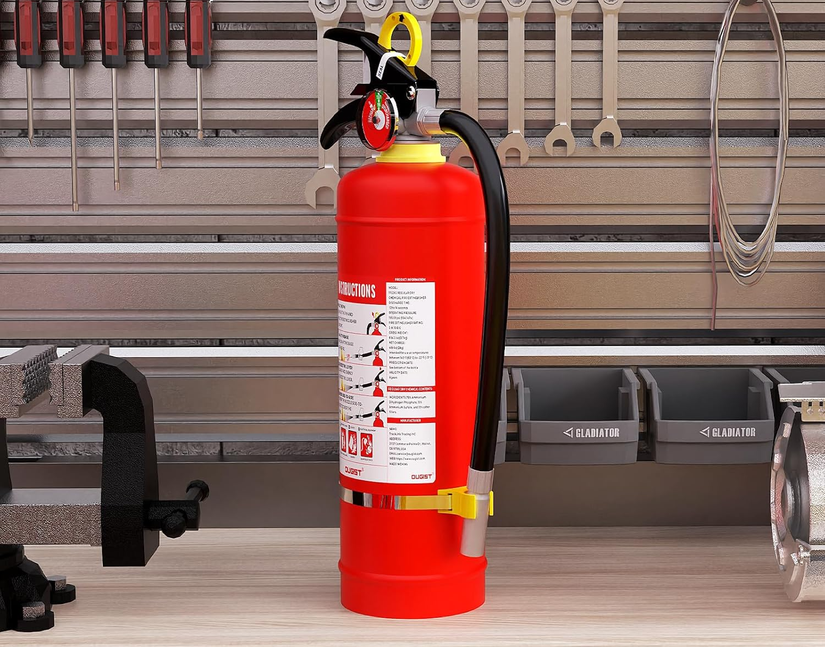 A fire extinguisher on a workbench in front of a tool rack.