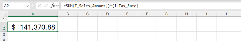 Image 19: Một công thức trong Excel với tham chiếu đến một bảng và một phạm vi được đặt tên.