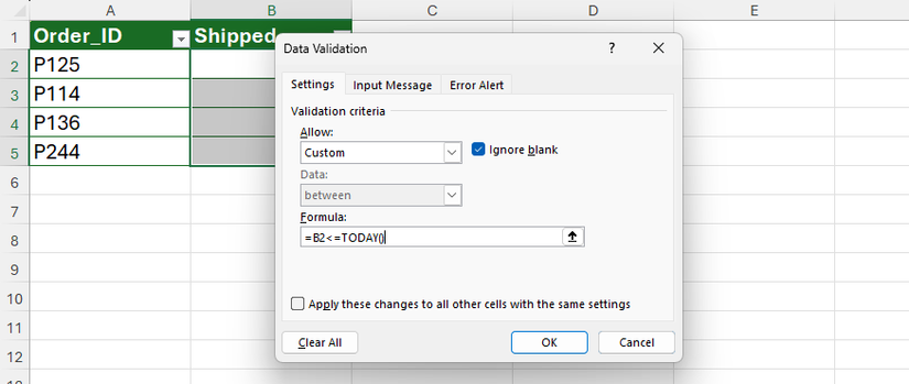 A formula using the TODAY function is entered in the Formula field of Excel's Data Validation dialog box.