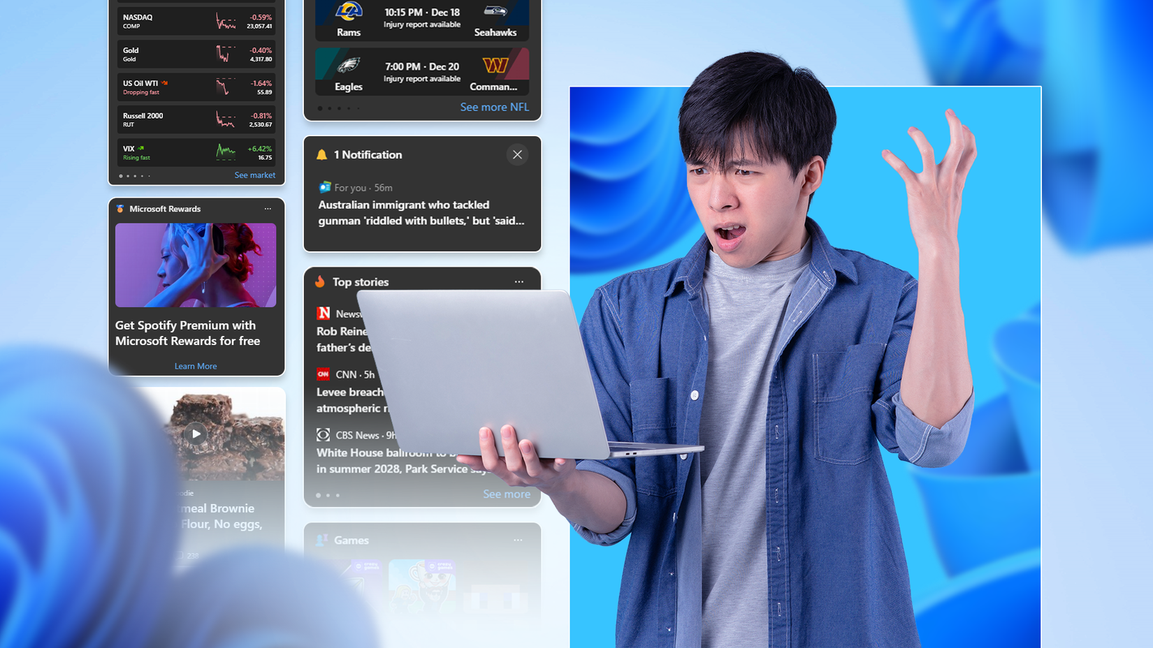 A frustrated man holding a laptop, surrounded by floating Windows 11 widgets, news headlines, and ads against a blue background.