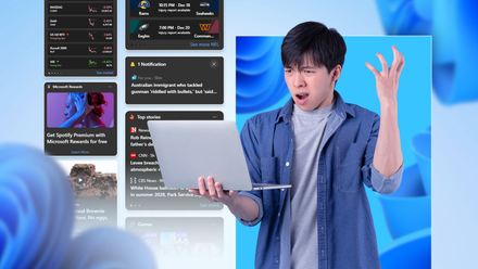 Those unfastened, open supply Linux apps made pricey inventive device tougher to justify A frustrated man holding a laptop, surrounded by floating Windows 11 widgets, news headlines, and ads against a blue background.