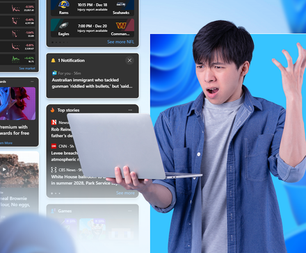 A frustrated man holding a laptop, surrounded by floating Windows 11 widgets, news headlines, and ads against a blue background.