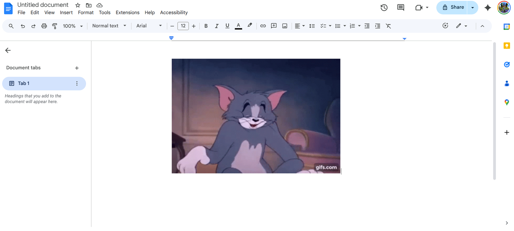 Um GIF de Tom de Tom e Jerry colado em um Documento Google.